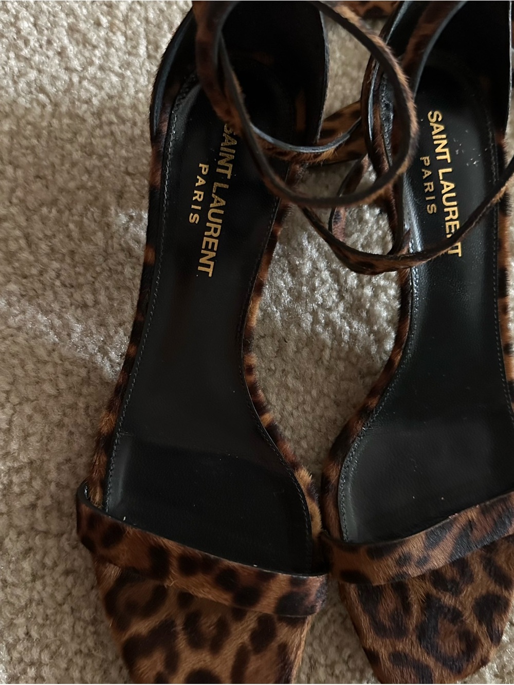 Saint Laurent Leopard Print Ankle Tie Sandals in Brown and Black
